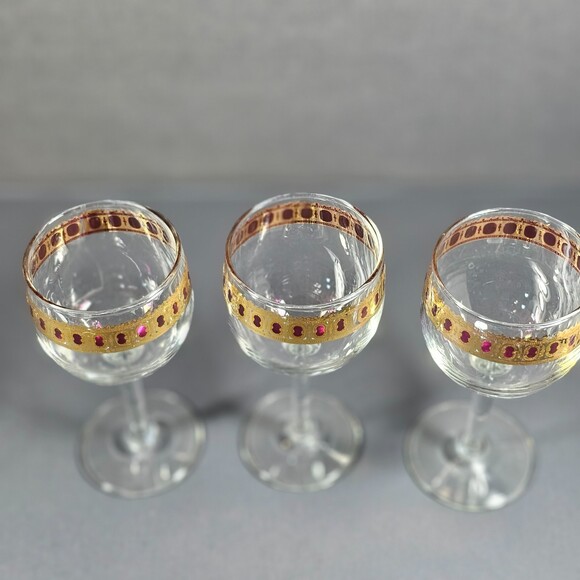 Vtg Set of 3 Midcentury 1950s 22k Gold Ruby Red Regency Culver Wine Glass Set - Picture 3 of 8
